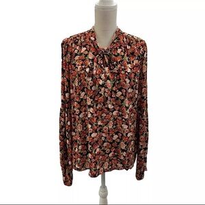 NWOT Karen Kane Floral Tie Blouse Women’s XL Puff Long Sleeve Orange Black Top